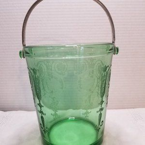 Vintage Uranium Depression Fostoria Glass Vernon Green Etched Ice Bucket